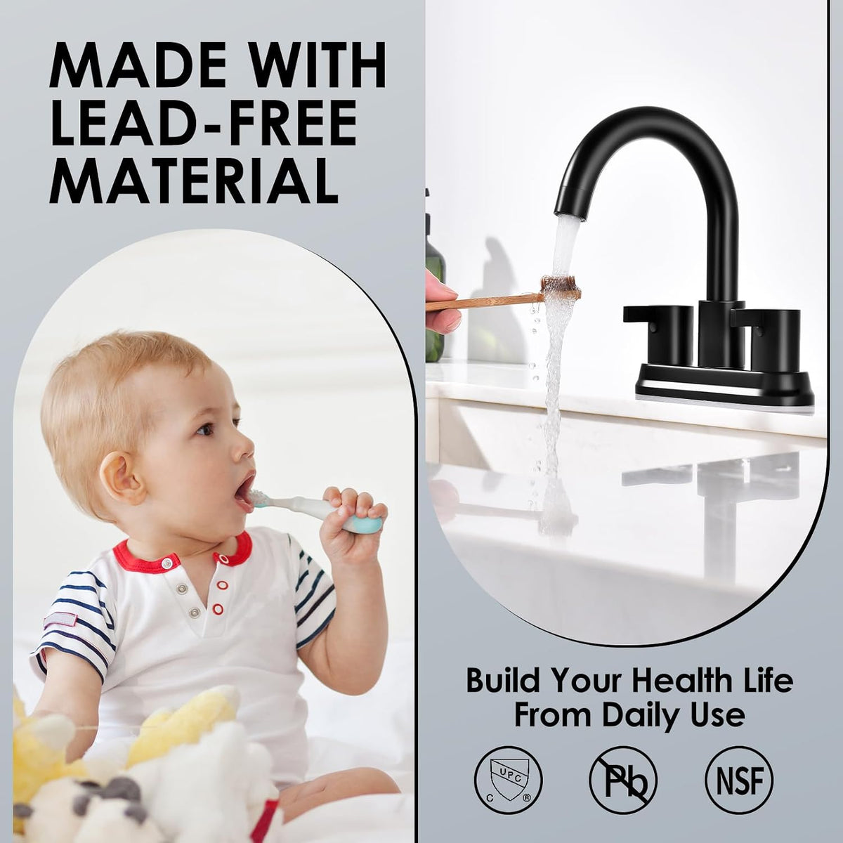 Two Handle 4 inch Black Bathroom Faucet, Bathroom Sink Faucet for 3 Holes with Pop-up Drain and 2 Supply Hoses, Lead-Free
