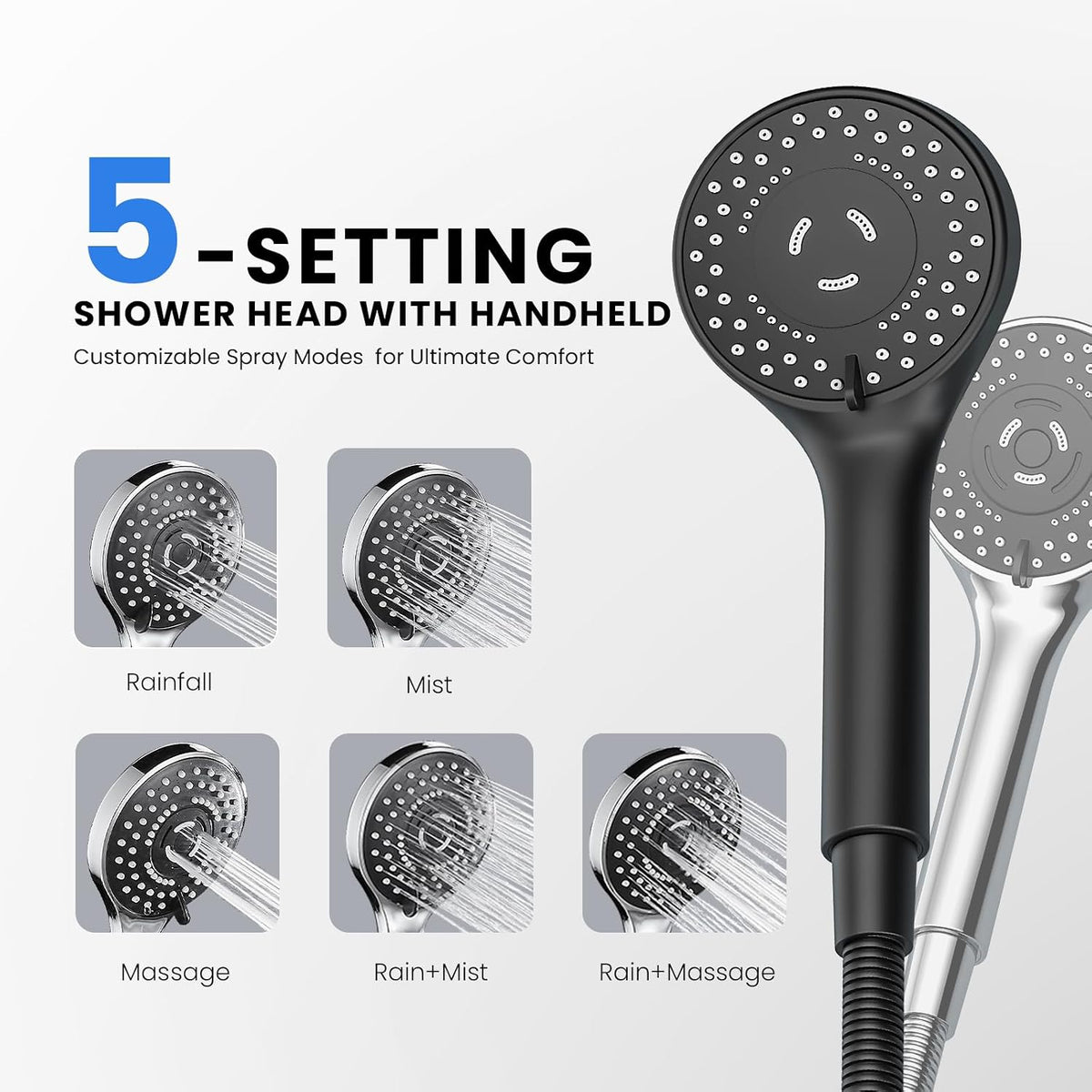 Black Rain Shower Head with Handheld Shower Head, 5 Spray Modes