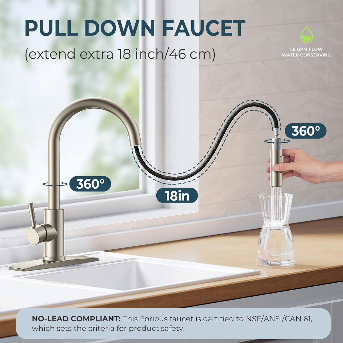FORIOUS Kitchen Faucet with Pull Down Sprayer, Modern Brushed Nickel