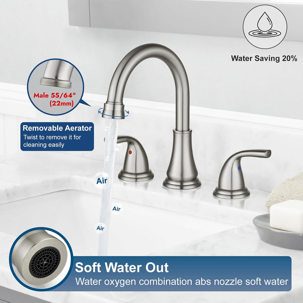 Brushed Nickel Widespread Bathroom Sink Faucet, 3 Hole 8 Inch