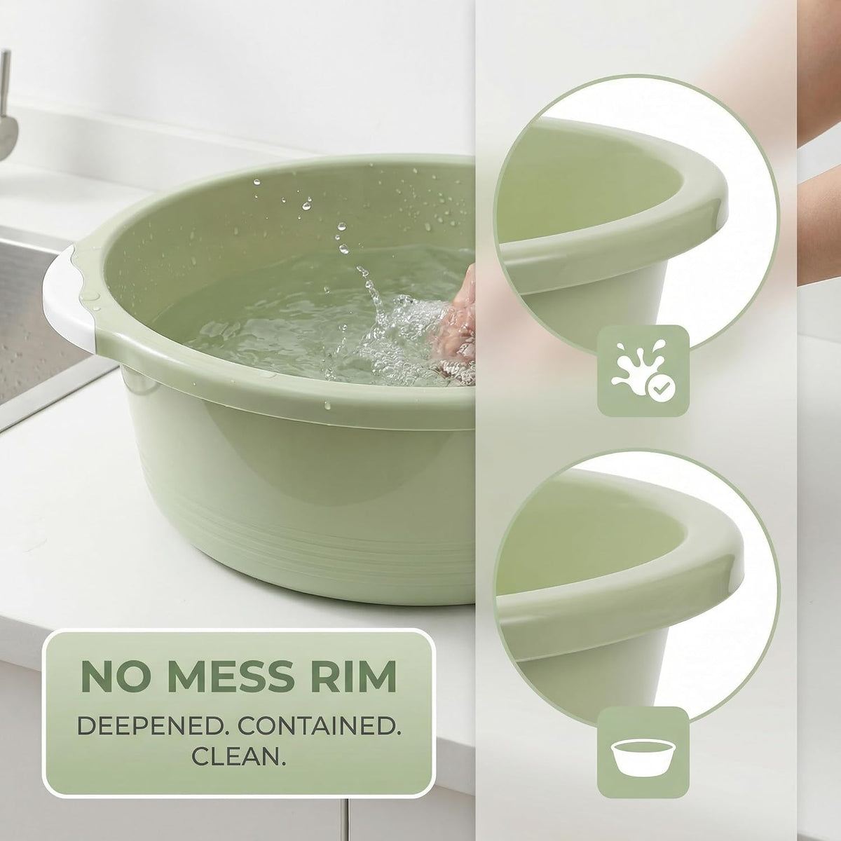 ULTECHNOVO 2 Pack Large Plastic Wash Basin 15 Inch, Round Washbasin for Face & Foot Soaking, Thickened Laundry Dish Pan for Kitchen Sink, Bathroom, Dormitory, Camping (Green)
