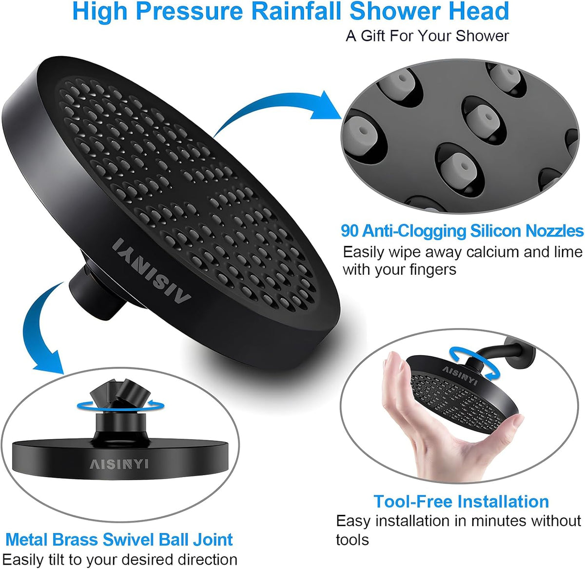 6" High Pressure Rain Shower Head, Luxury Matte Black Finish