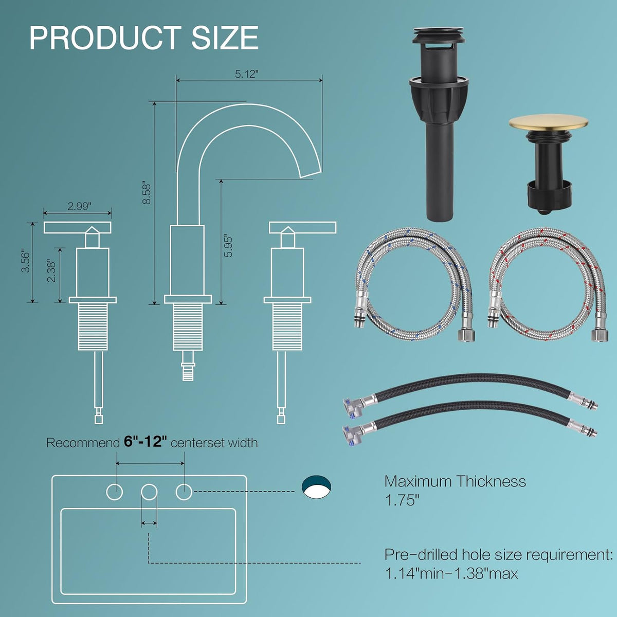 TRUSTMI Brushed Gold Bathroom Faucet 3 Hole 8 Inch Widespread, Swivel Spout