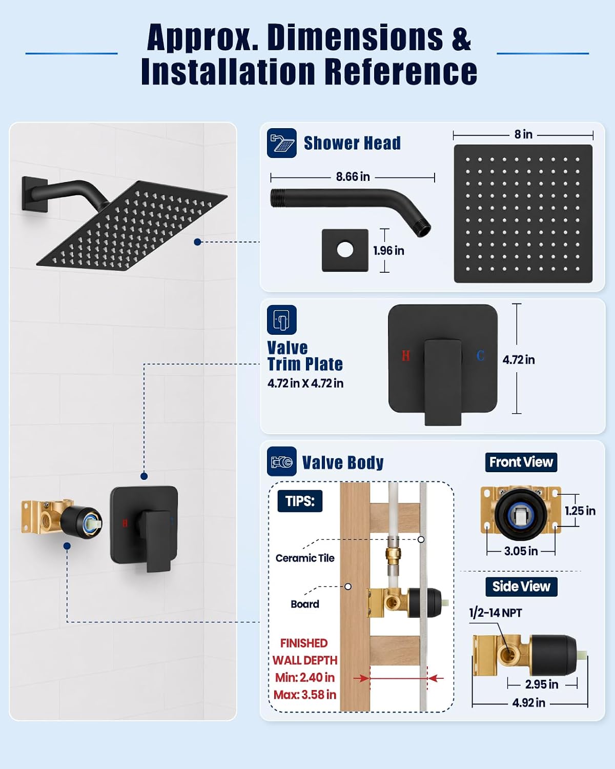 Heyalan 8 Inch Square Rain Shower Faucet Set with Valve, Matte Black