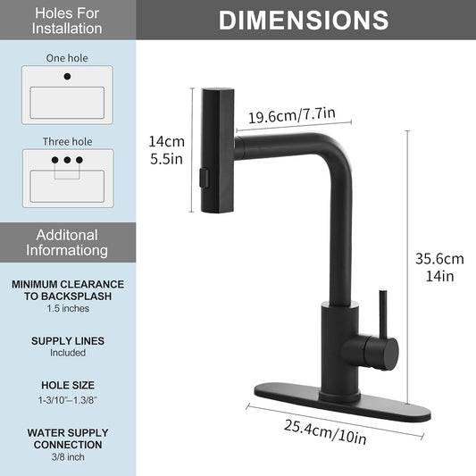 JOOM Black Waterfall Kitchen Faucet with Pull Down Sprayer & Soap Dispenser