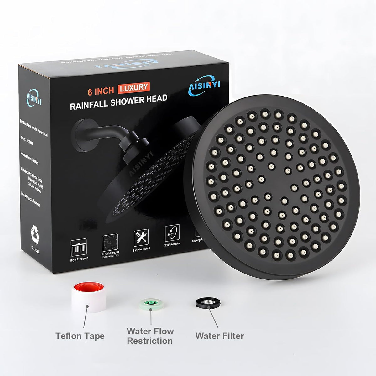 6" High Pressure Rain Shower Head, Luxury Matte Black Finish