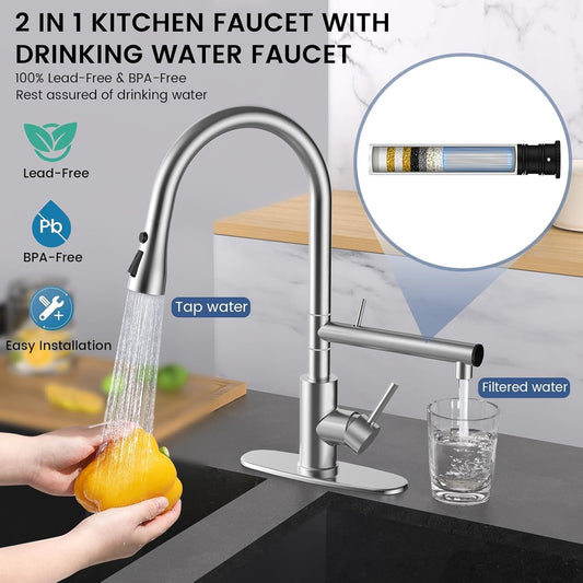 FEELSO Filter Water Kitchen Faucets, Pull Down Sprayer, Brushed Nickel