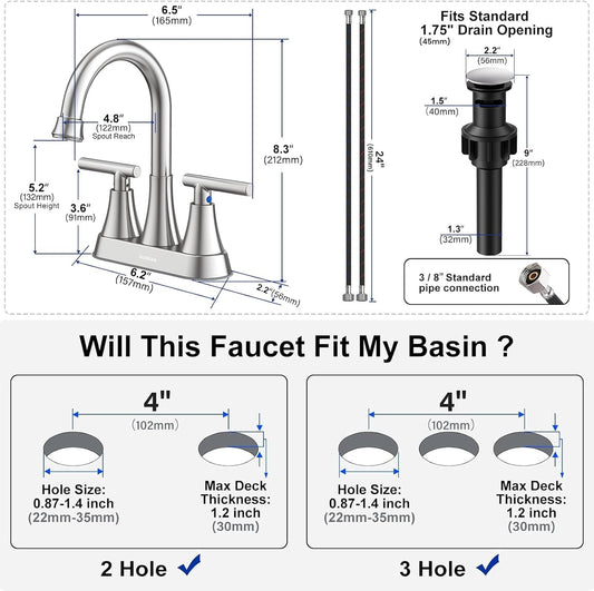 Bathroom Faucet, Hurran 4 inch Centerset 2-Handle Lead-Free, Brushed Nickel