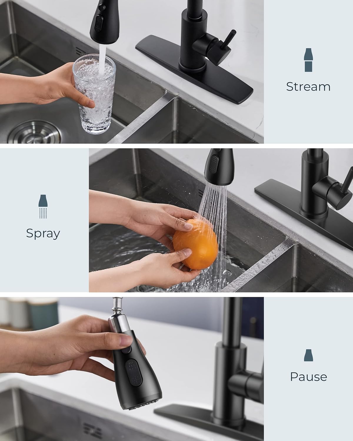 FORIOUS Black Kitchen Faucet with Pull Down Sprayer, Stainless Steel