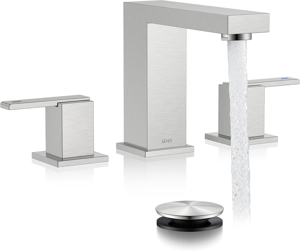 KENES Brushed Nickel 8 Inch Widespread Bathroom Faucet 2 Handle 3 Hole