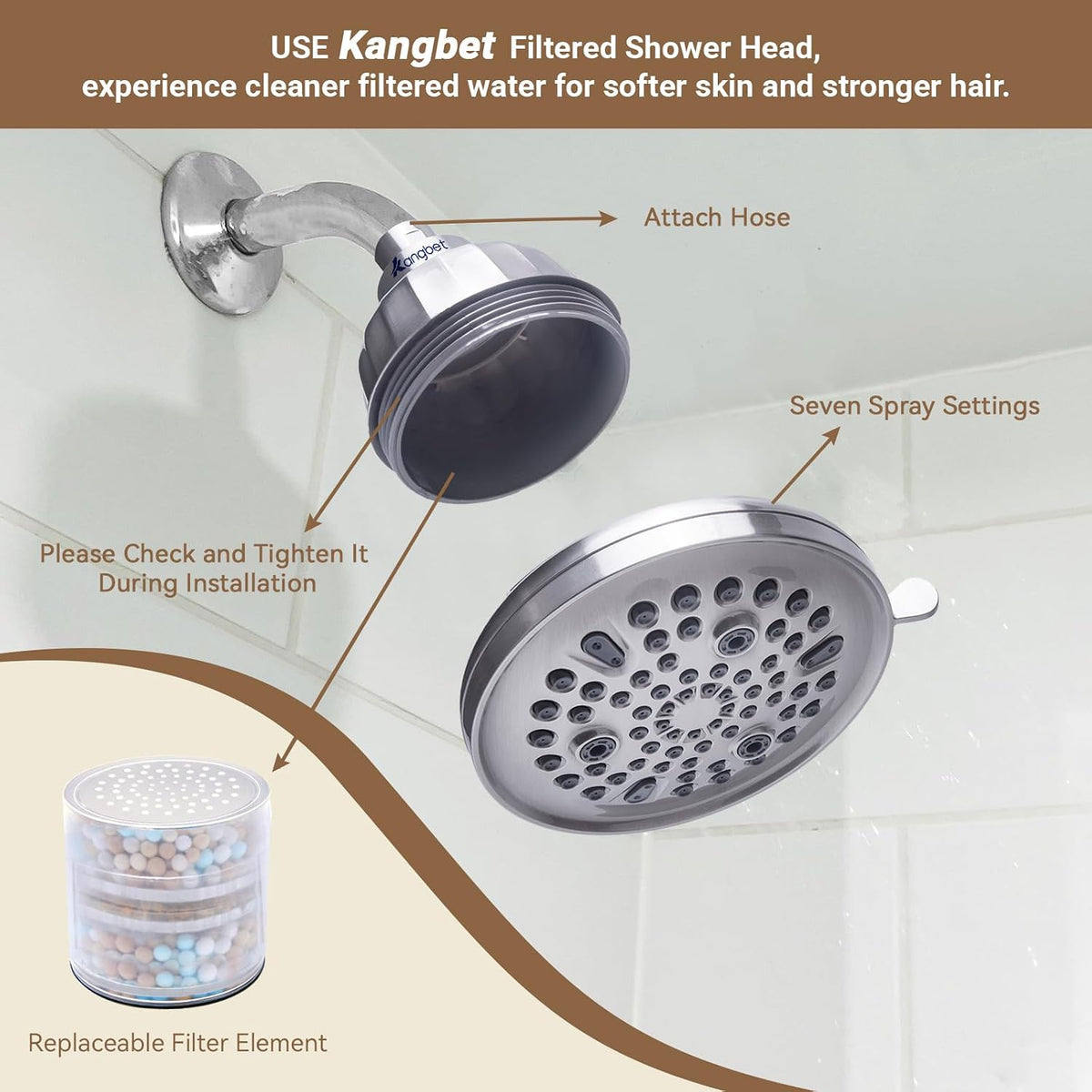 Filtered Shower Head,Shower Head Filter for Hard Water - Detachable Showerhead for Hard Water Harmful Substances Improves Skin & Hair - Nickel