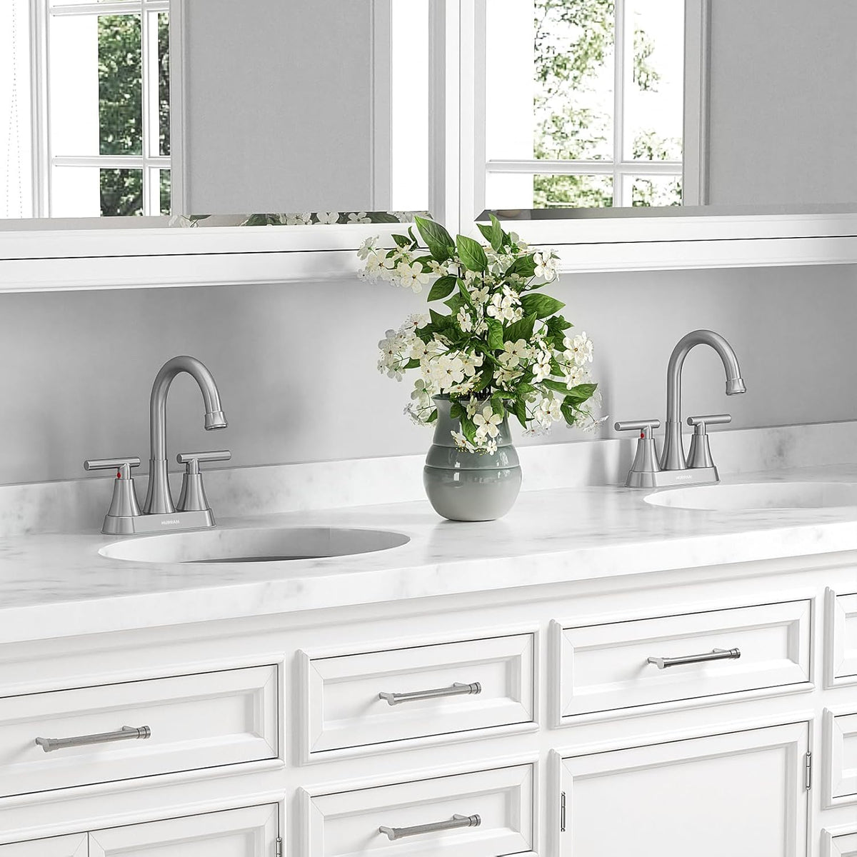 Bathroom Faucet, Hurran 4 inch Centerset 2-Handle Lead-Free, Brushed Nickel