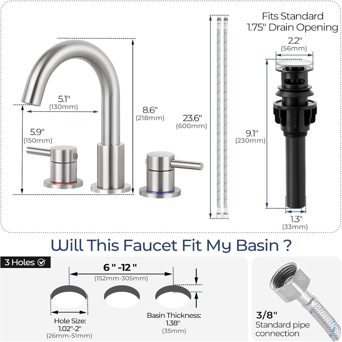 Bathroom Faucet 3 Hole Brushed Nickel, 2-Handle Widespread Faucet