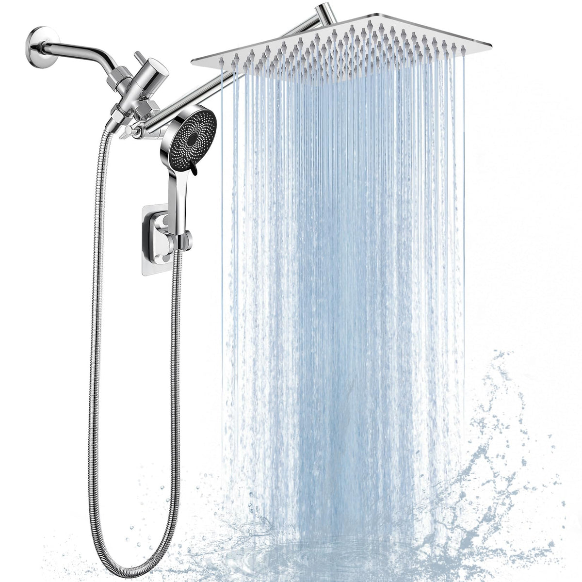 Shower Head, 8 inch Multifunction High Pressure Rain Shower Head with Handheld Spray Combo with 11'' Angle Adjustable Extension Arm/Flow Regulator/Shower System Matte Black
