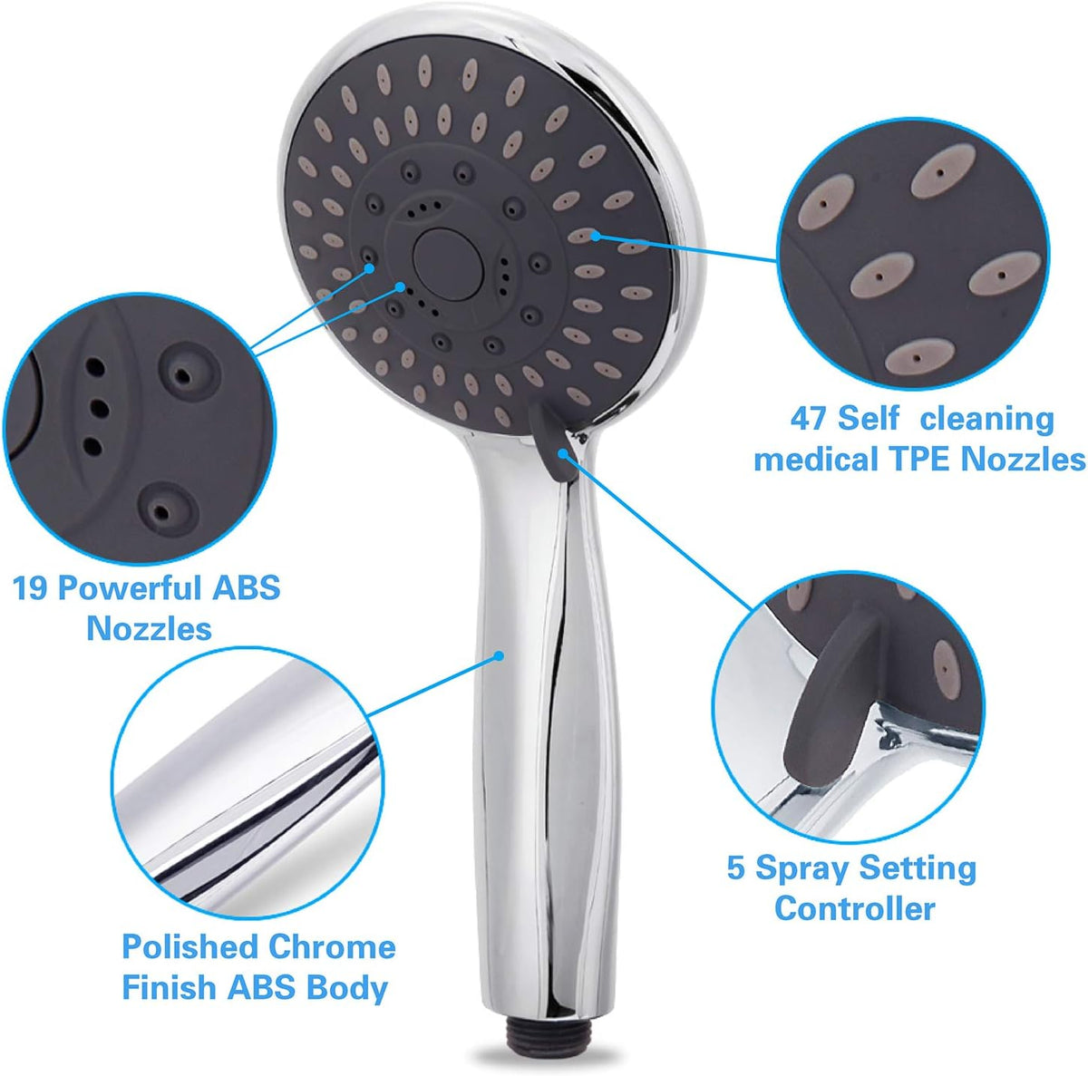 Briout Handheld Shower Head High Pressure 5-Settings with Hose, Chrome