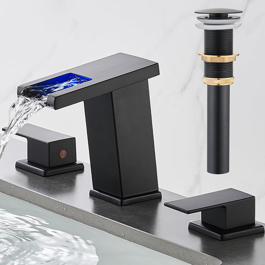 AVSIILE LED Bathroom Faucet 3 Hole, Matte Black Waterfall Bathroom Faucets