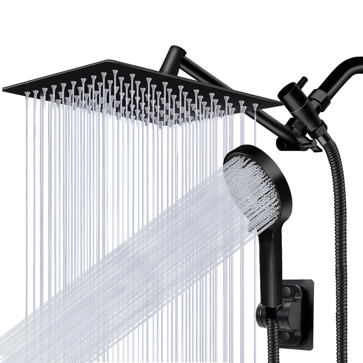 Shower Head, 8 inch Multifunction High Pressure Rain Shower Head with Handheld Spray Combo with 11'' Angle Adjustable Extension Arm/Flow Regulator/Shower System Matte Black
