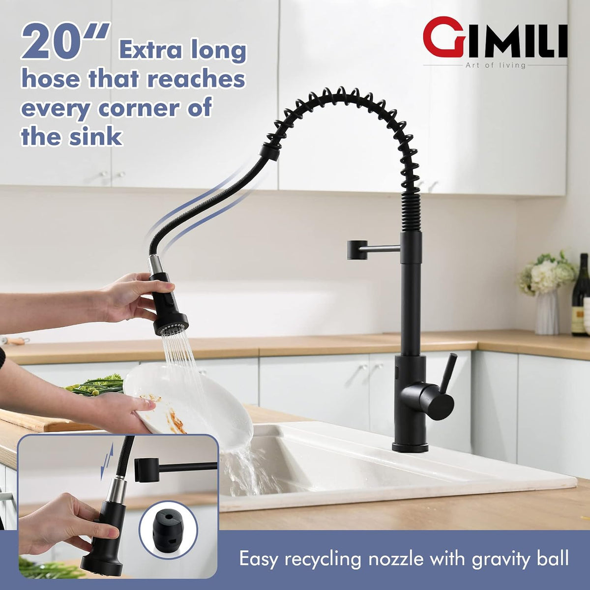 GIMILI Matte Black Touchless Kitchen Faucet with Spring Pull Down Sprayer