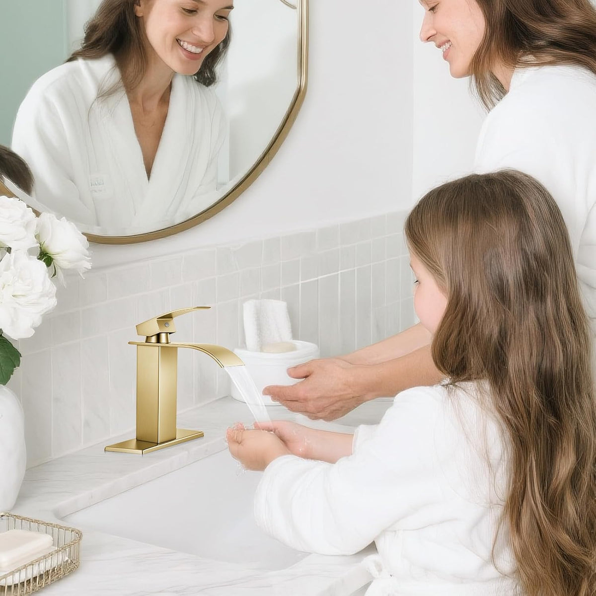 Brushed Gold Bathroom Faucets, Waterfall Bathroom Sink Faucet