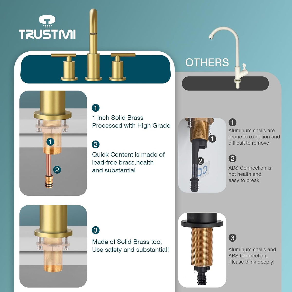TRUSTMI Brushed Gold Bathroom Faucet 3 Hole 8 Inch Widespread, Swivel Spout