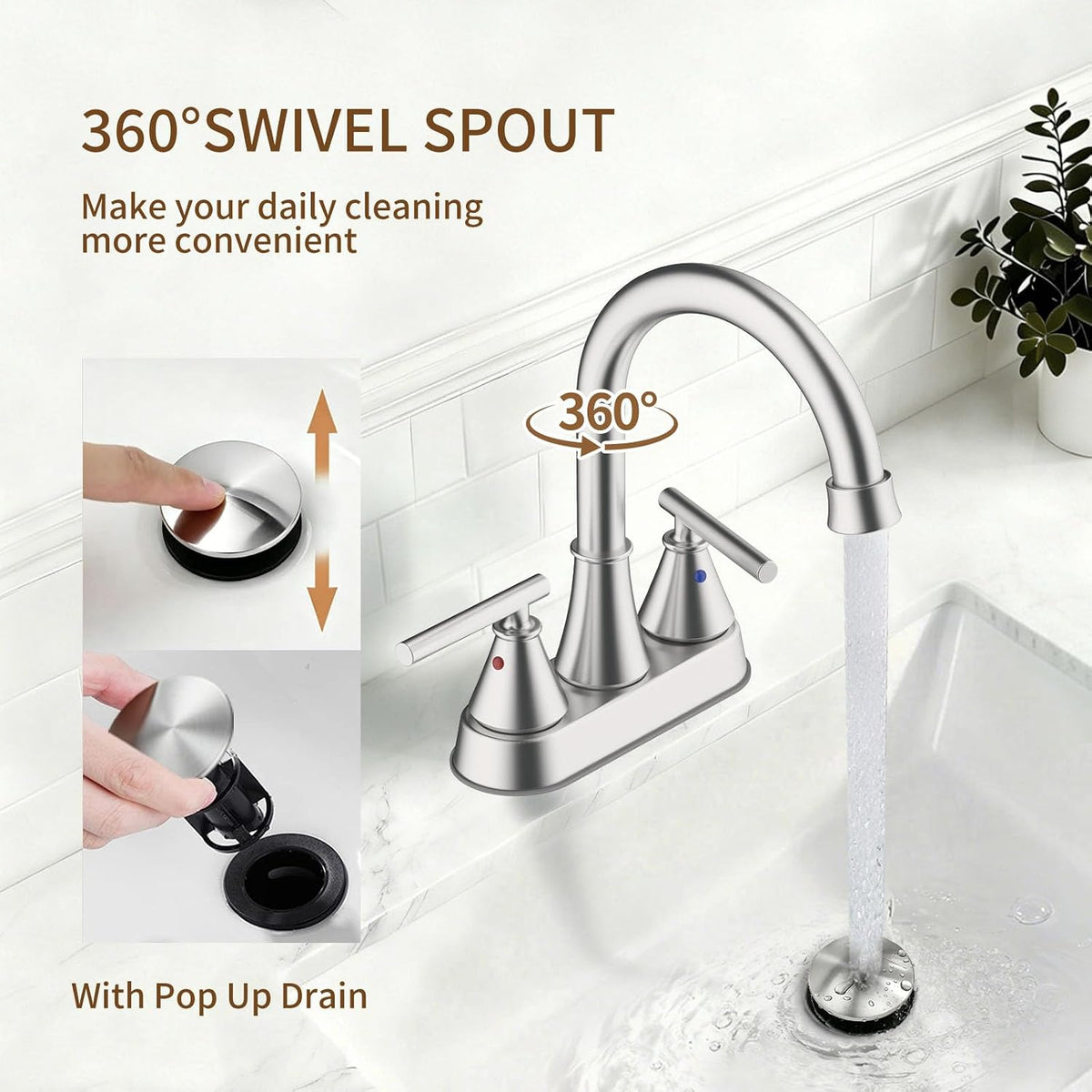 Bathroom Sink Faucet 4 Inch 2 Handle Centerset Brushed Gold Lead-Free Modern Bathroom Faucet Vanity Faucet with Pop-up Drain Stopper and Supply Hoses