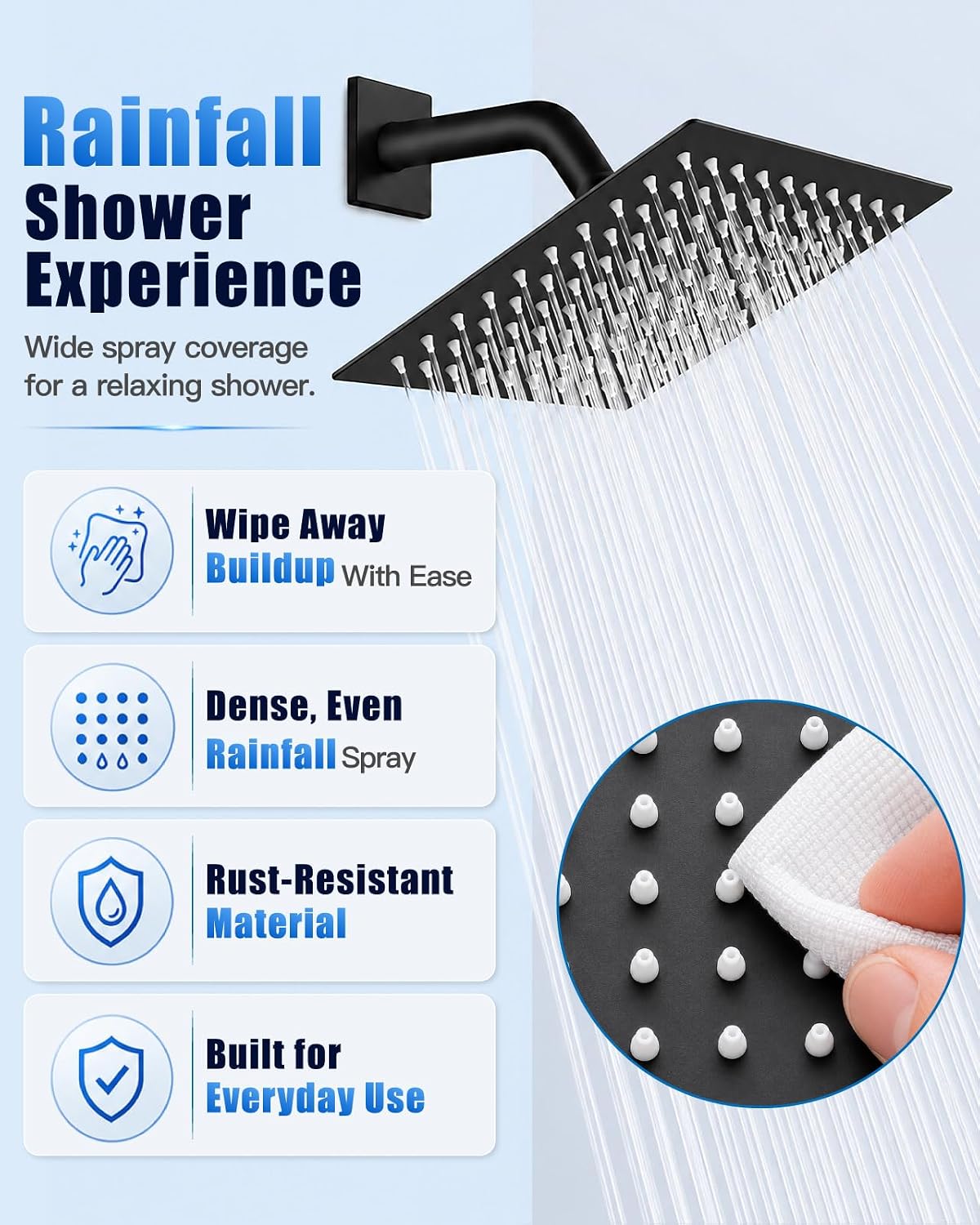 Heyalan 8 Inch Square Rain Shower Faucet Set with Valve, Matte Black