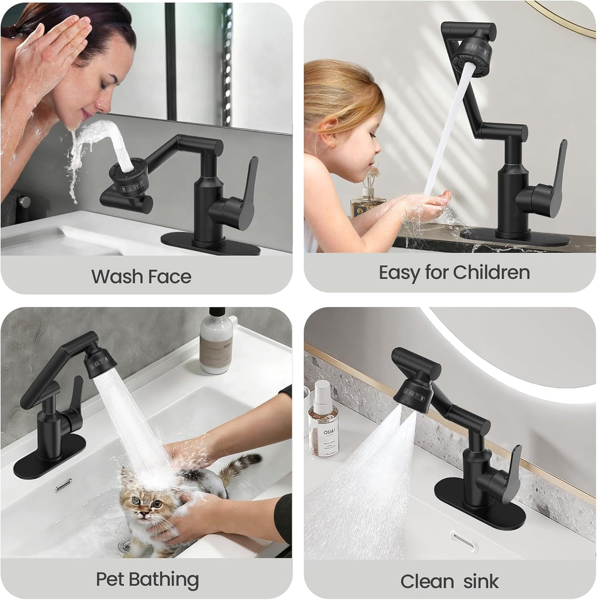 Matte Black 1080° Rotatable Bathroom Faucet, 4 Modes Stainless Steel 1 Hole