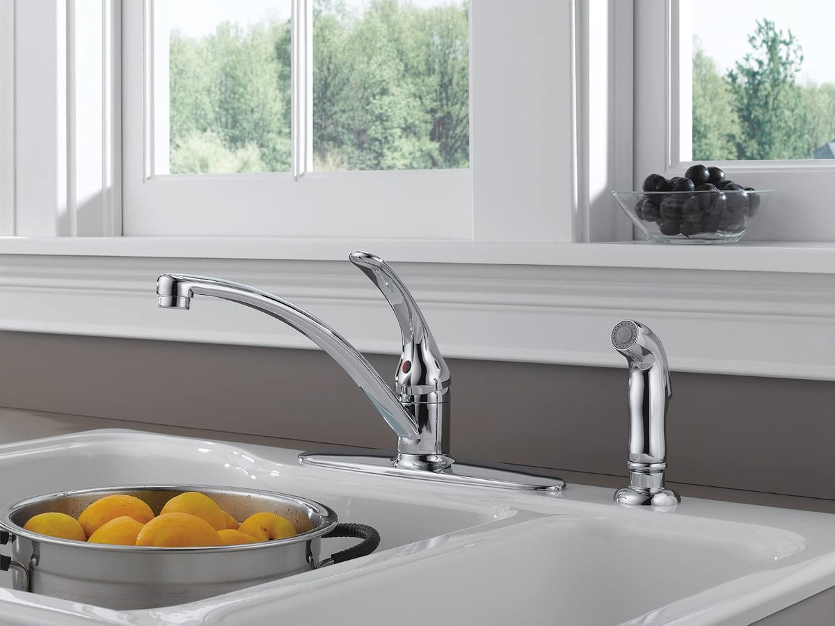 Delta Foundations Chrome Kitchen Faucet with Side Sprayer, Contemporary 4 Hole Kitchen Sink Faucet, Single Handle, Chrome B4410LF