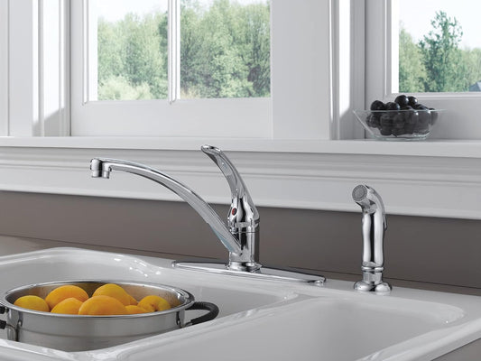 Delta Foundations Chrome Kitchen Faucet with Side Sprayer, Contemporary 4 Hole Kitchen Sink Faucet, Single Handle, Chrome B4410LF