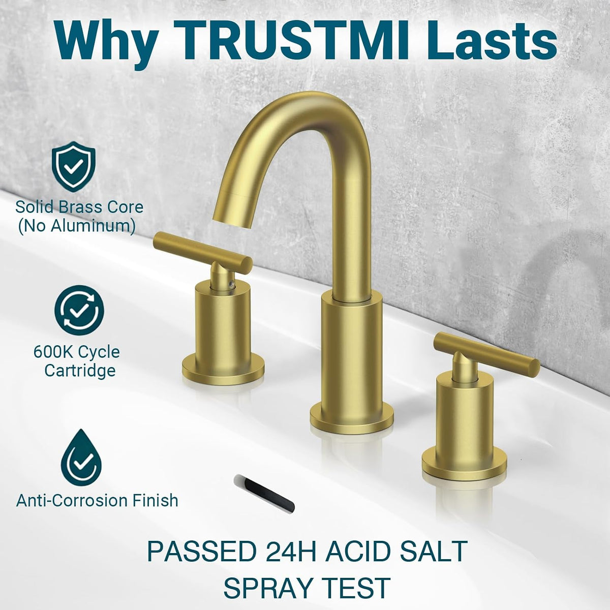 TRUSTMI Brushed Gold Bathroom Faucet 3 Hole 8 Inch Widespread, Swivel Spout