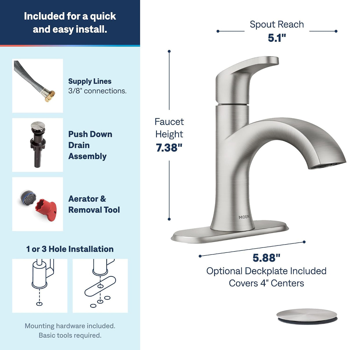Moen Karis Spot Resist Brushed Nickel One-Handle Single Hole Bathroom Sink Faucet with Optional Deck Plate, 84346SRN