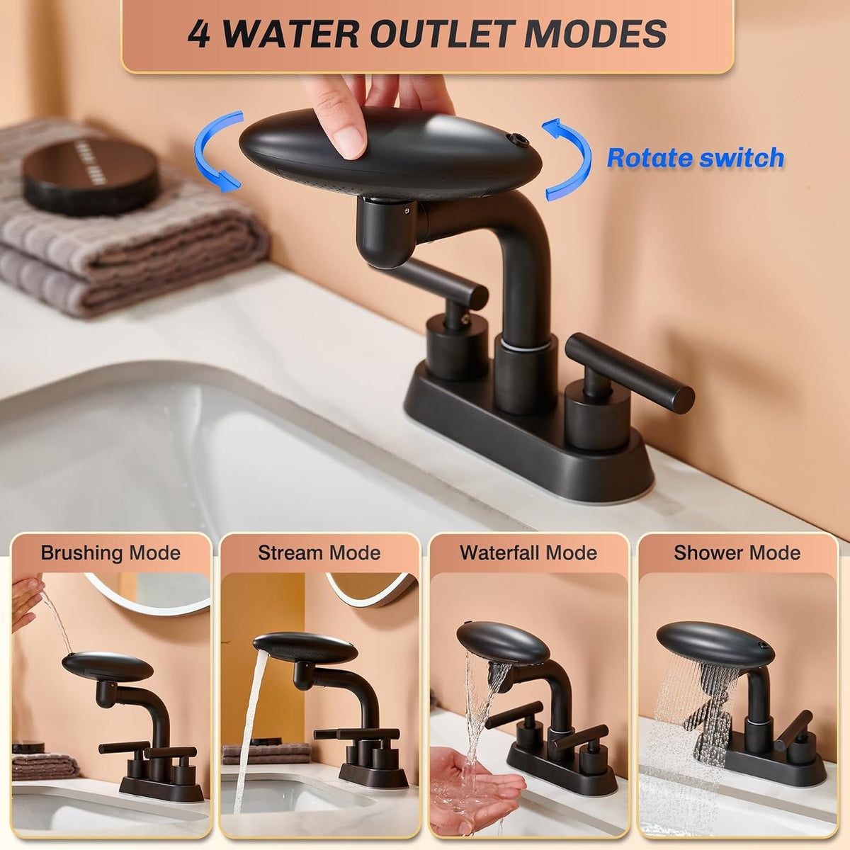 Matte Black Bathroom Sink Faucet, 4-Inch 3-Hole Centerset