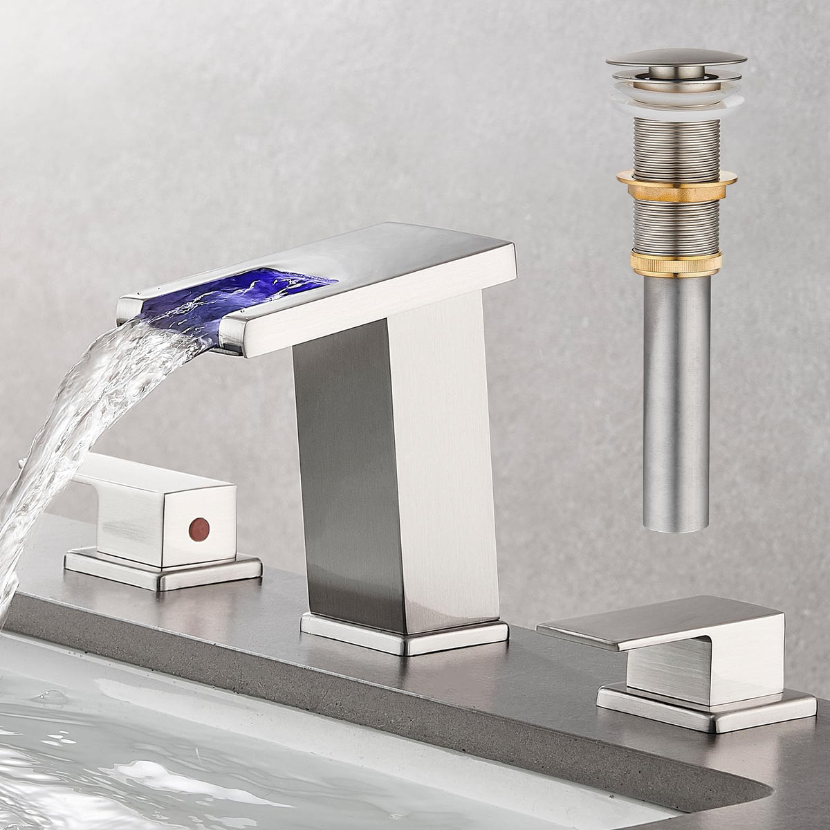AVSIILE LED Bathroom Faucet 3 Hole, Matte Black Waterfall Bathroom Faucets