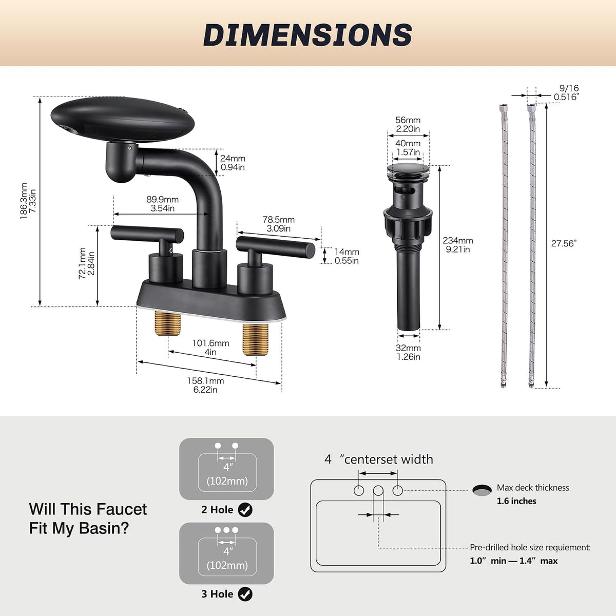 Matte Black Bathroom Sink Faucet, 4-Inch 3-Hole Centerset