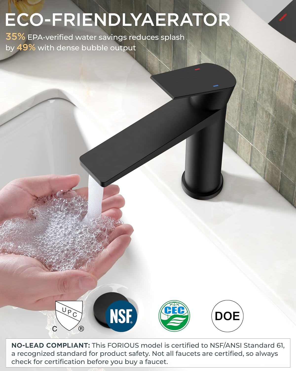 FORIOUS Single Hole Bathroom Faucet Black Matte, Commercial Faucet