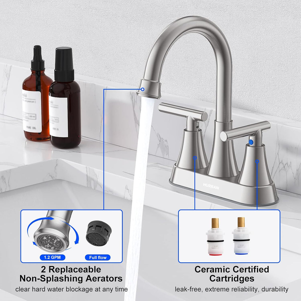 Bathroom Faucet, Hurran 4 inch Centerset 2-Handle Lead-Free, Brushed Nickel