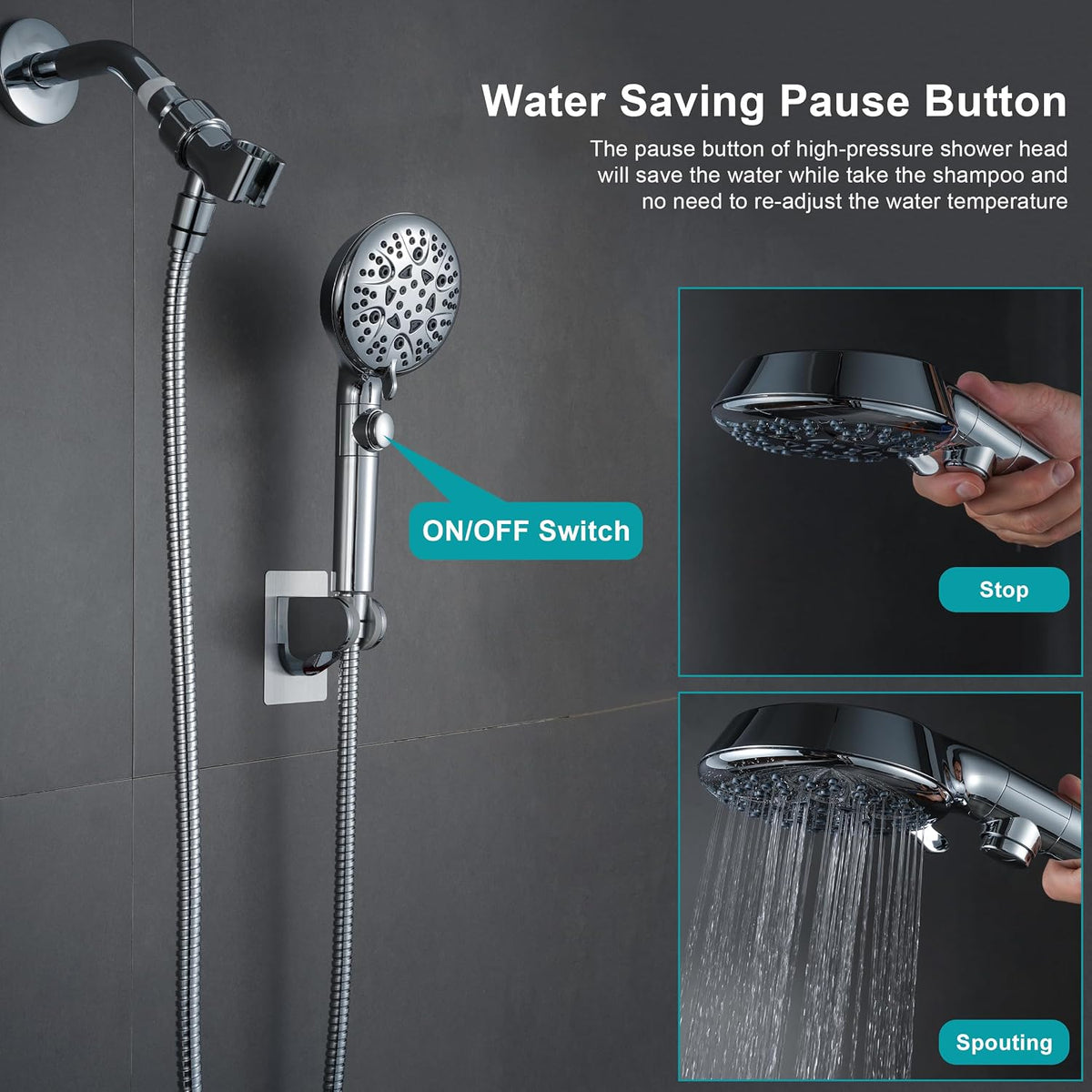 GwernKB Handheld Shower Head with On Off Switch 8-Mode High Pressure Showerhead with 79 Inches Extra-long Stainless Steel Hose and Bracket PLUS Extra Low-Reach Adhesive Wall Mount for Kids,Silver…