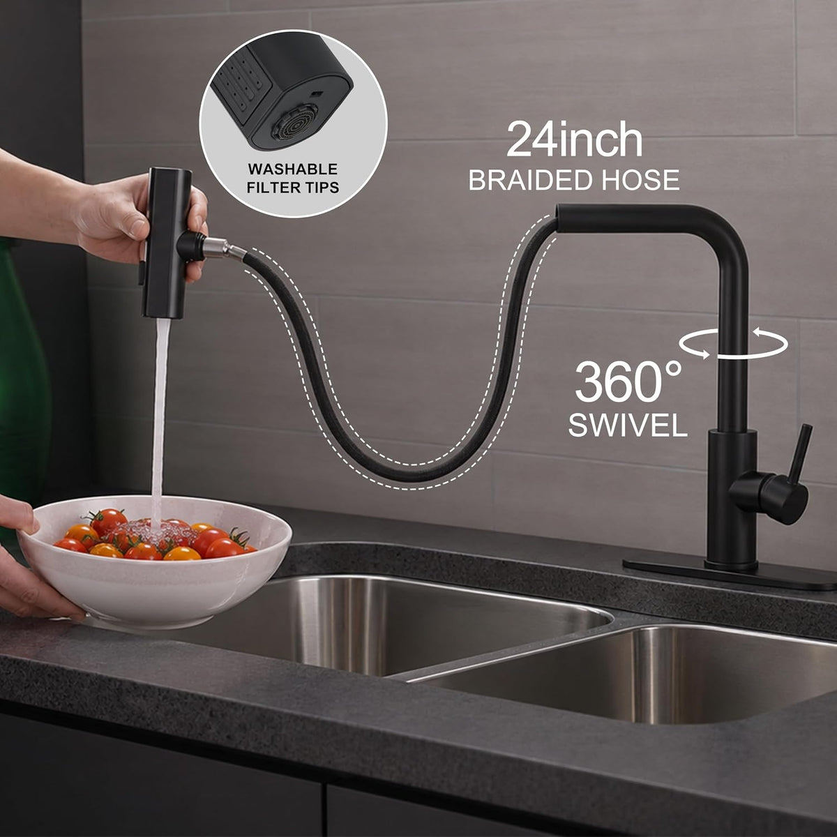 JOOM Black Waterfall Kitchen Faucet with Pull Down Sprayer & Soap Dispenser
