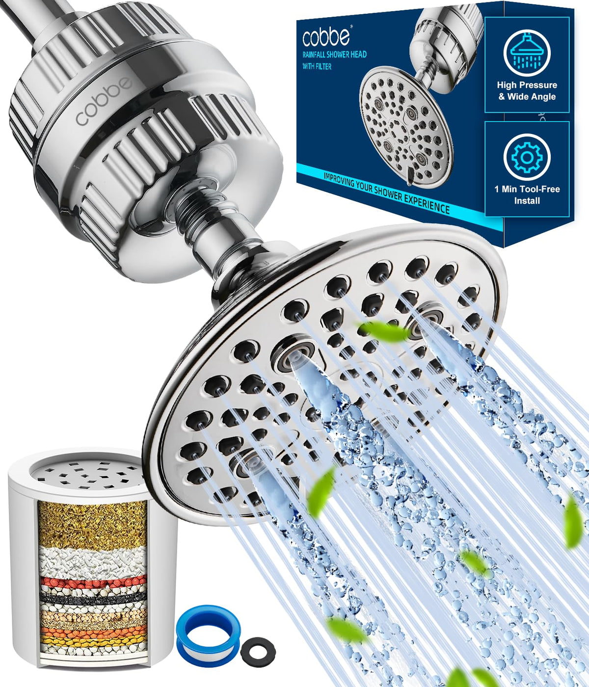 Cobbe High Pressure Filtered Shower Head with Filters for Hard Water Combo