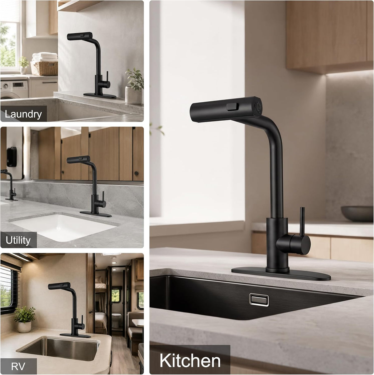 JOOM Black Waterfall Kitchen Faucet with Pull Down Sprayer & Soap Dispenser
