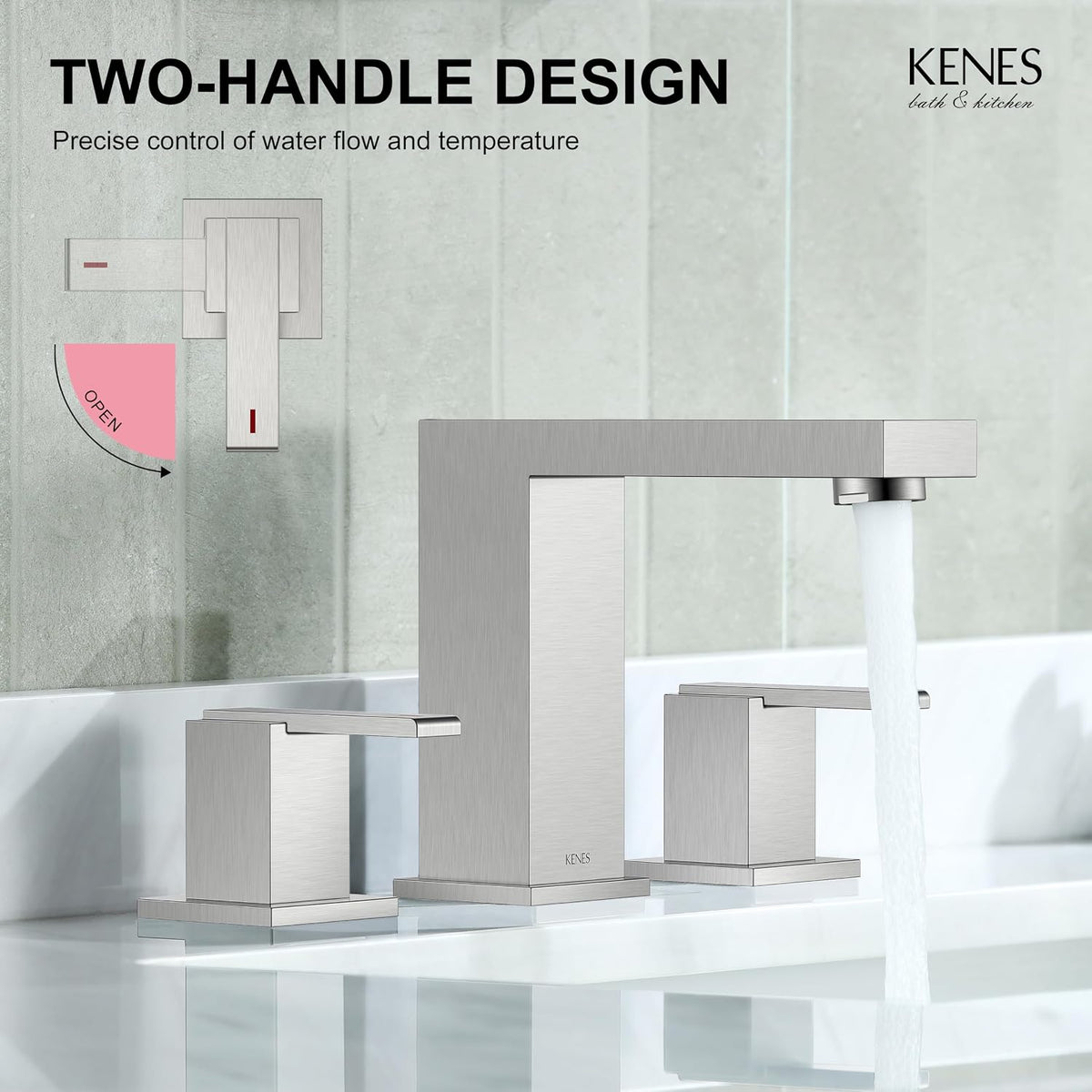 KENES Brushed Nickel 8 Inch Widespread Bathroom Faucet 2 Handle 3 Hole