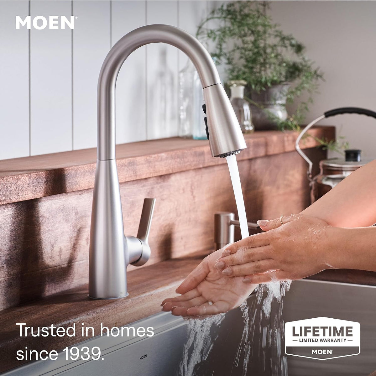 Moen Haelyn Spot Resist Stainless Single-Handle Pull-Down Sprayer Kitchen Faucet Featuring Power Boost for a Faster Clean, Soap Dispenser Included, 87627SRS
