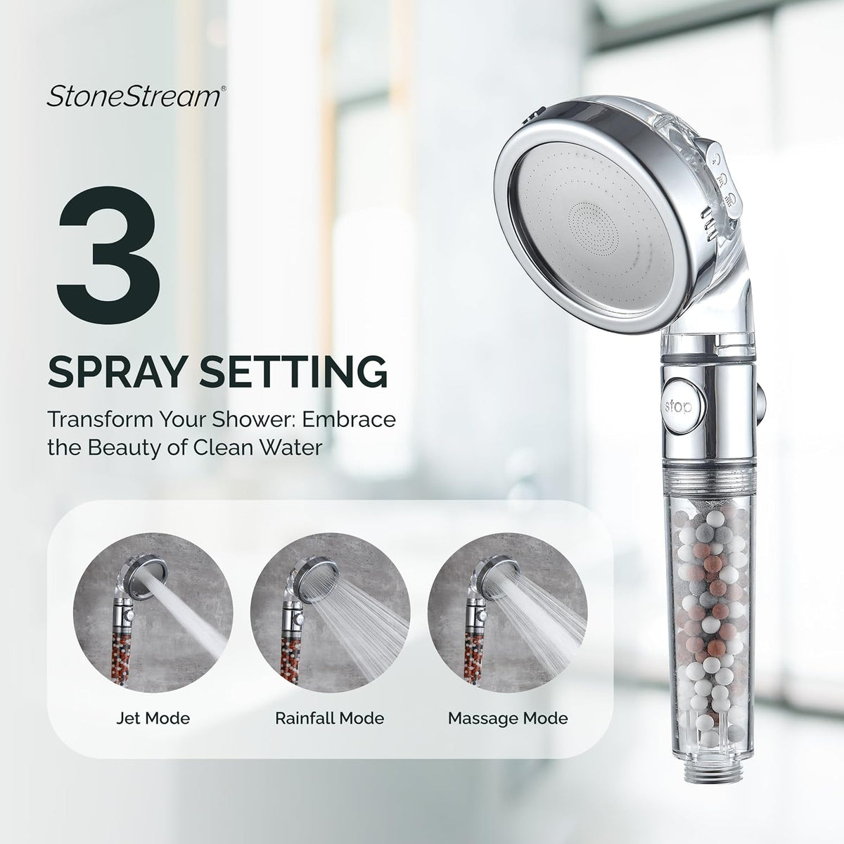 Original StoneStream Filtered Shower Head, Eco Power High Pressure Water Softener Showerhead with ON/OFF switch and Spa like Ionic beads for Dry Skin & Hair — 3 Spray Settings