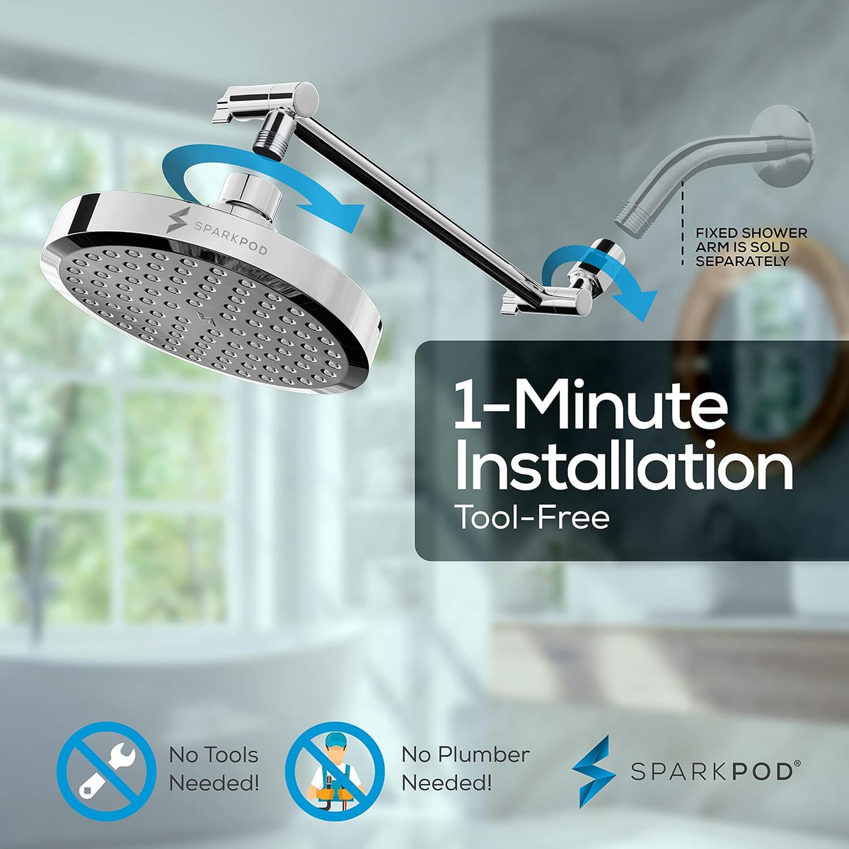 SparkPod 6" Round Rain Shower Head with 11" Shower Arm