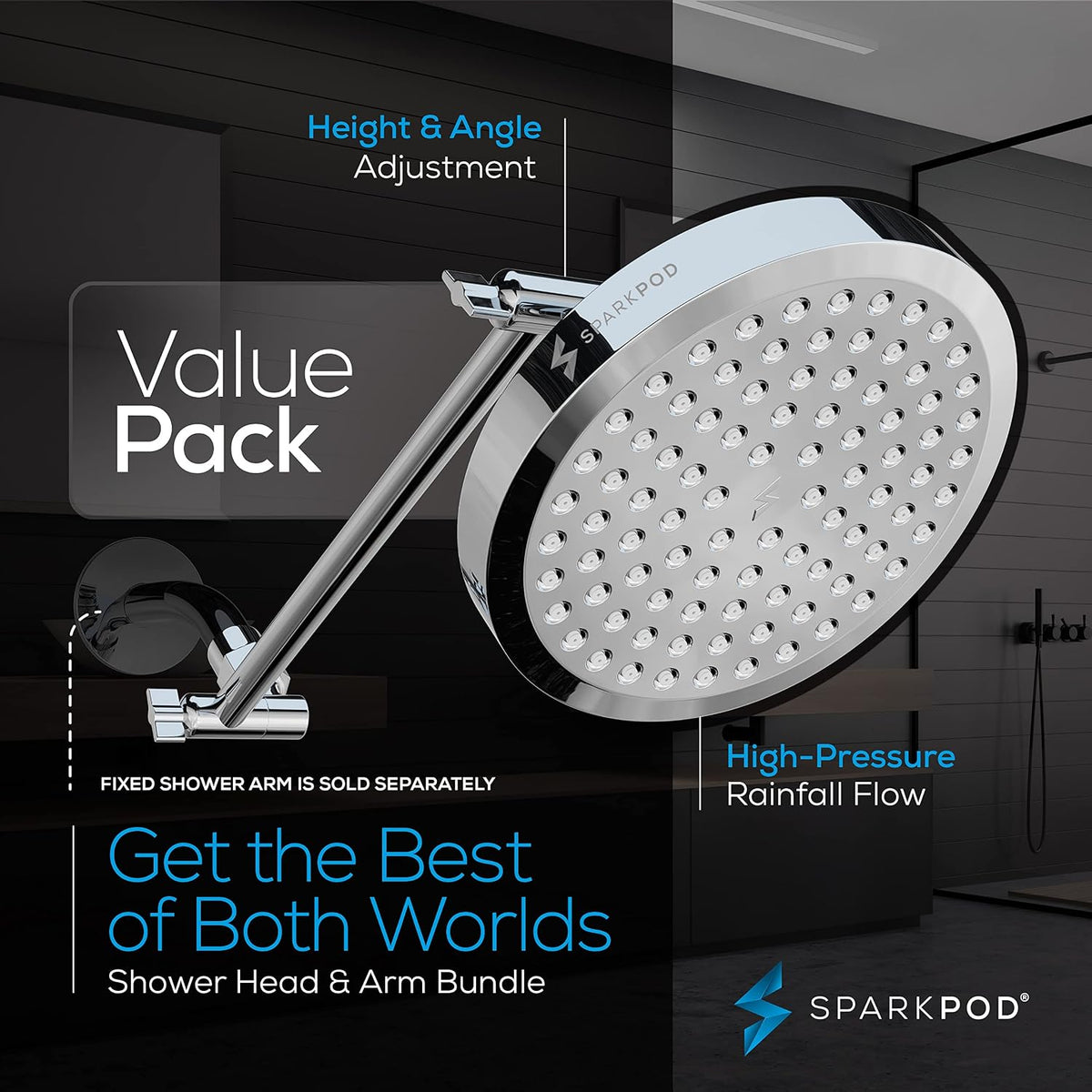 SparkPod 6" Round Rain Shower Head with 11" Shower Arm