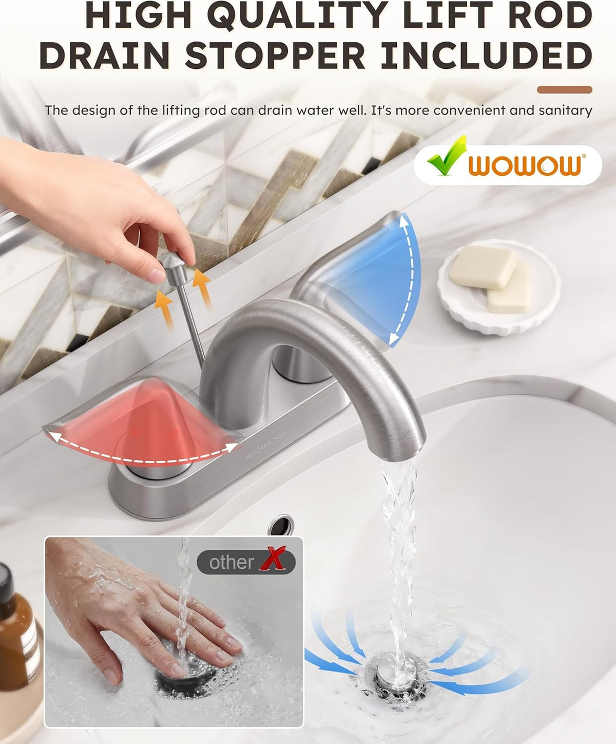 WOWOW Bathroom Faucet 2 Handle 4 Inch Centerset Bathroom Sink Faucet, Lead-Free Basin Mixer Tap with Lift Rod Drain Stopper, 2 Handle Centerset Lavatory Brushed Nickel Vanity Faucet