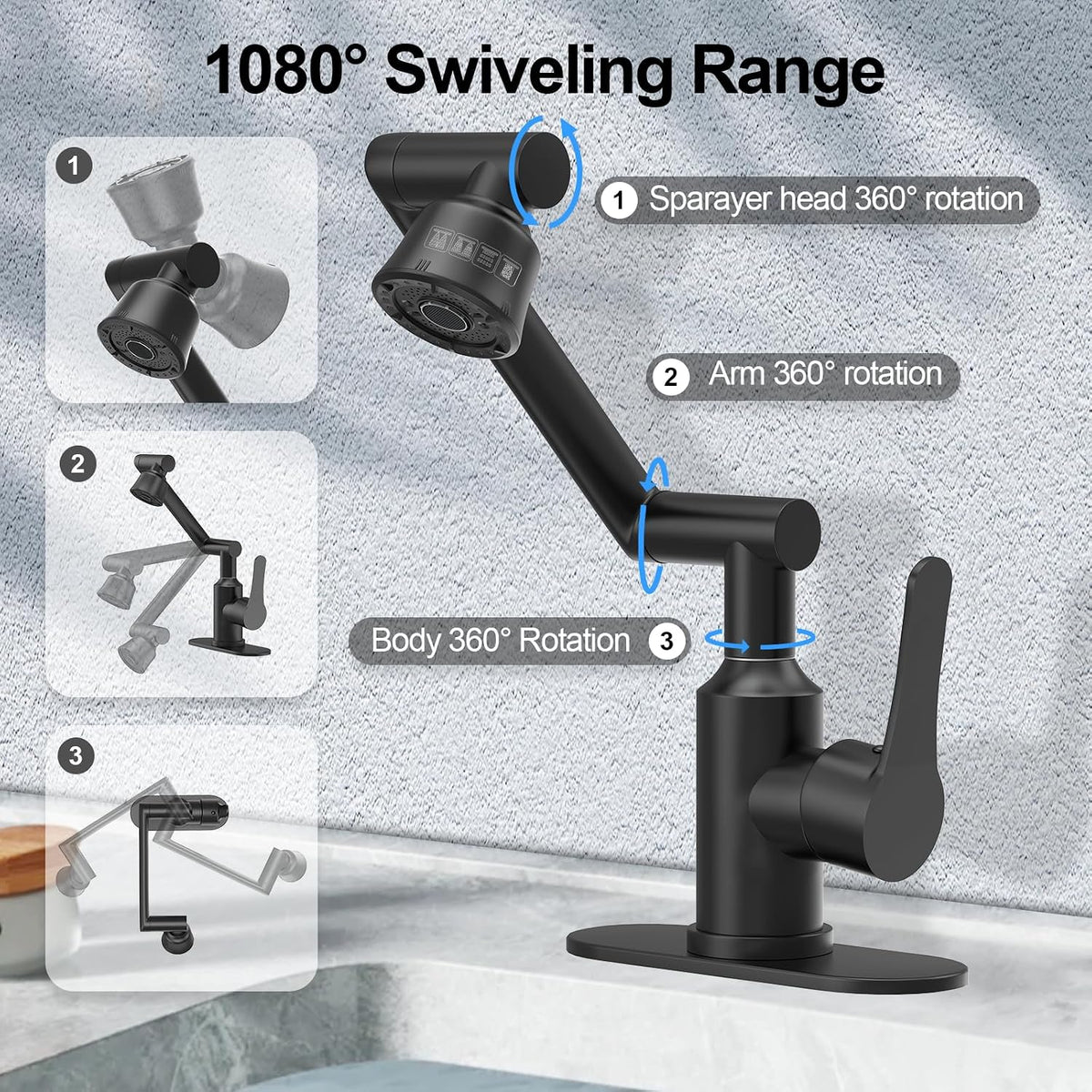 Matte Black 1080° Rotatable Bathroom Faucet, 4 Modes Stainless Steel 1 Hole