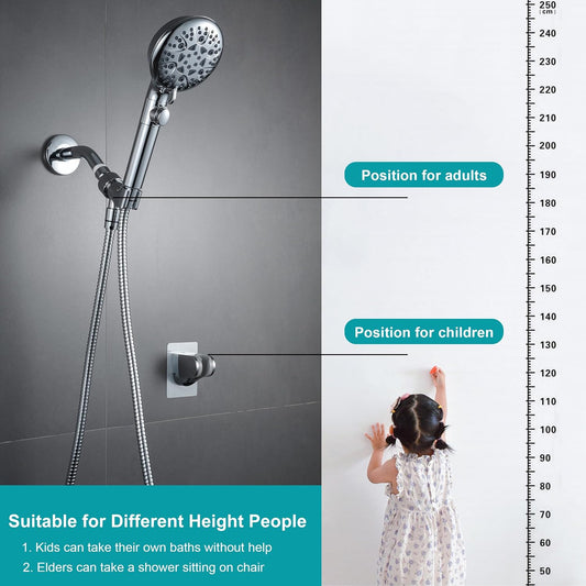 GwernKB Handheld Shower Head with On Off Switch 8-Mode High Pressure Showerhead with 79 Inches Extra-long Stainless Steel Hose and Bracket PLUS Extra Low-Reach Adhesive Wall Mount for Kids,Silver…