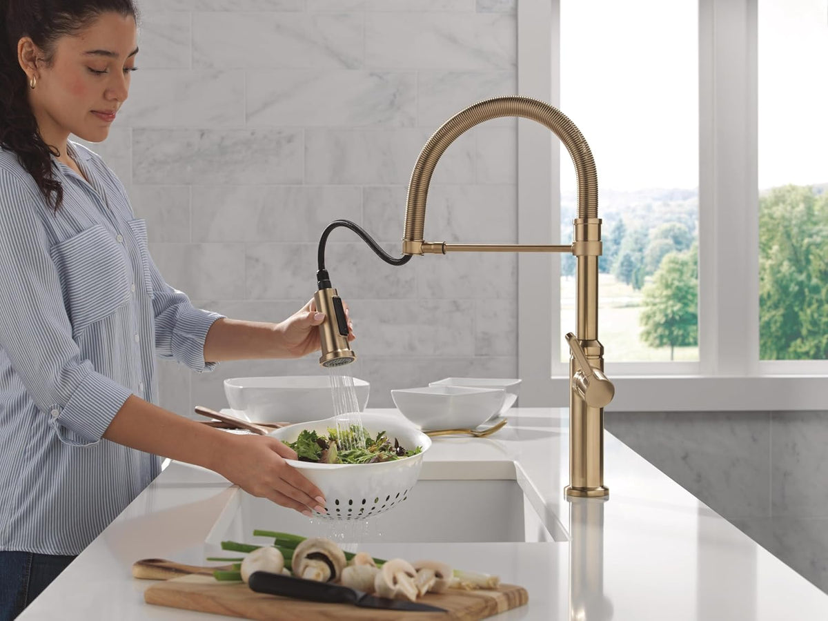 Delta Faucet Rhett Pro Commercial Style Kitchen Faucet with Pull Down Sprayer, Gold Commercial Kitchen Faucet, Spring Kitchen Faucet, Delta Kitchen Sink Faucet, Champagne Bronze 18829-CZ-DST