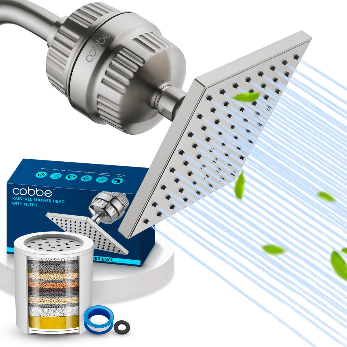Cobbe High Pressure Filtered Shower Head with Filters for Hard Water Combo